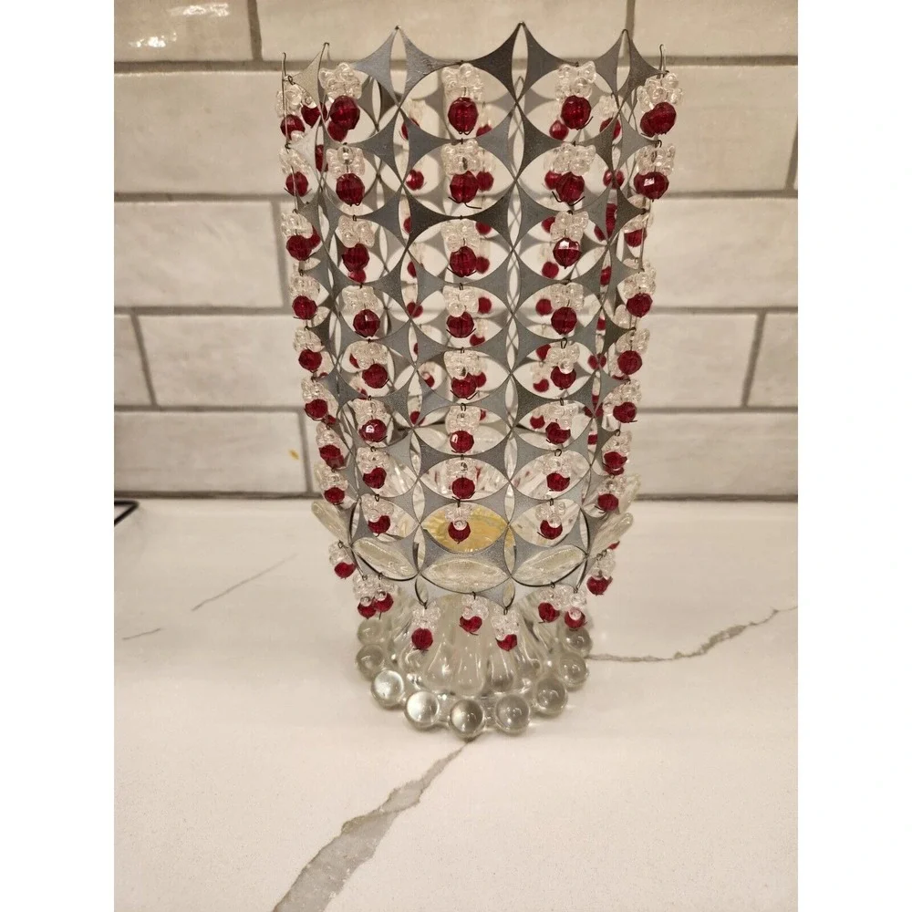 MCM Style 70s Or 80s Candle Holder Glass Base‎ With Beaded And Metal Tin Shade